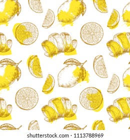Fresh lemon fruits pattern. Yellow citrus fruit seamless pattern, Lemons print vector. Hand drawn lemons with splash texture.