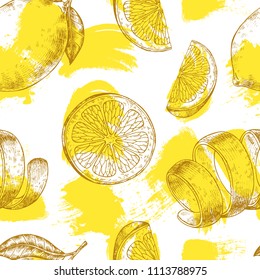 Fresh lemon fruits pattern. Yellow citrus fruit seamless pattern. Hand drawn lemons with splash texture.