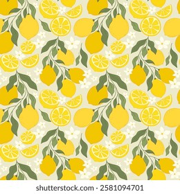 Fresh Lemon Fruits Seamless Pattern. Summer citrus with lemon flowers, branches, half cut lemons and lemon slices for fabrics, wallpaper, prints, juice products.