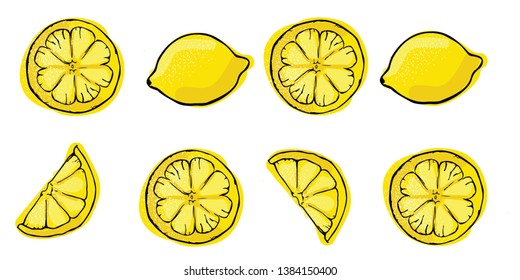 Fresh lemon fruits set, collection of vector illustrations