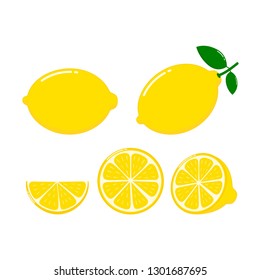 Fresh lemon fruits and slices with leaf, collection isolated on white background of vector illustrations.