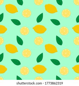 fresh lemon and green leaf seamless pattern background.vector illustration. 