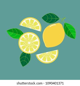 Fresh lemon with green leaves vector illustration for design