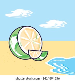 fresh lemon with half fruit in the beach