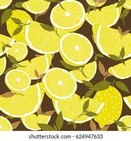 Fresh Lemon and halved slices with leaves Pattern.