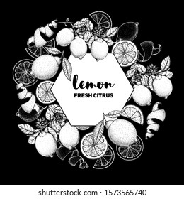 Fresh lemon hand drawn package design. Vector illustration. Lemon label for lemonade design, brochure illustration. Black and white design. Citrus lemon label illustration. Can used for packaging