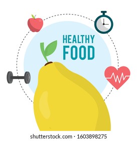 fresh lemon heartbeat chronometer and barbell health food vector illustration