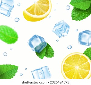 Limón fresco con cubo de hielo y hierbabuena que cae sobre el fondo de Lemonade. Bebida de limón frío Ilustración vectorial 3D realista.