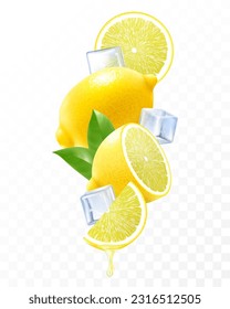 Fresh lemon with ice cubes falling or flying. Composition of elements lemon with leaves, half lemon, sliced lemon , 3D realistic vector illustration isolated on transparent background