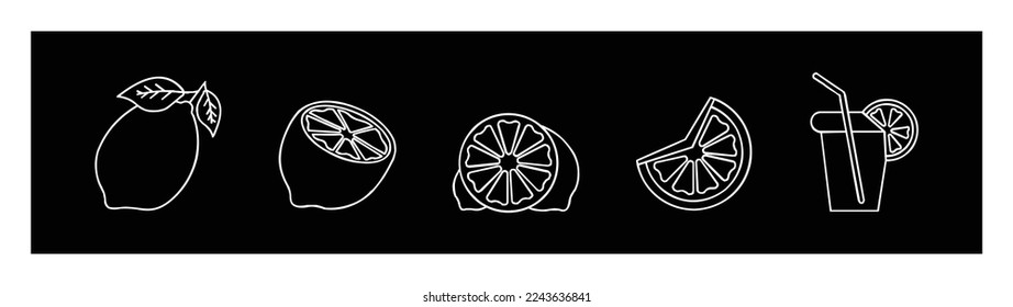 Frische Zitronensymbole, Vektorgrafiken, Frische Zitronenfrucht Sammlung von ZitronenVektorsymbol auf schwarzem Hintergrund
