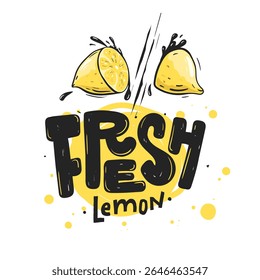 Fresh Lemon. Illustration Yellow Citrus Fruit with Splash. Grunge Hand Drawn text on White Background.