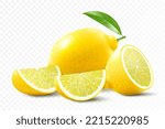 Fresh lemon isolated on transparent background. A whole lemon, half and slice a lemon. Realistic 3d vector illustration. Fully editable handmade mesh.