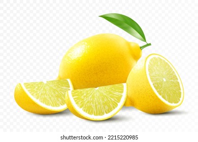 Fresh lemon isolated on transparent background. A whole lemon, half and slice a lemon. Realistic 3d vector illustration. Fully editable handmade mesh.