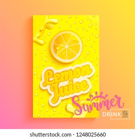 Fresh lemon juice banner with drops from condensation, splashing and fruit slice on gradient hot summer background for brand,logo, template,label,emblem,store,packaging,advertising.Vector illustration