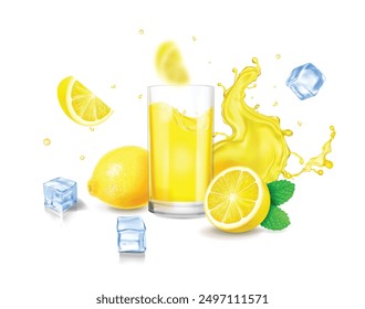 Fresh lemon juice with drink glass and lemon fruit. Lemonade advertising isolated on white background, Citrus beverage vector realistic