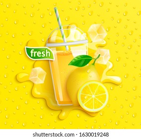 Fresh lemon juice with ice and fruits, splash and drops from condensation on background. For brand, logo, template, label, emblem, store, packaging, advertising.Vector illustration.