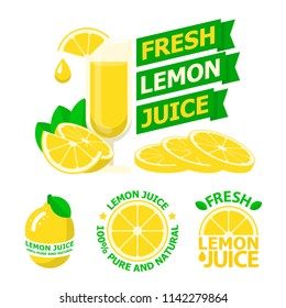 Fresh lemon juice and slices. Badges and emblems of lemon juice for fit and healthy life. Vector elements made in flat style.