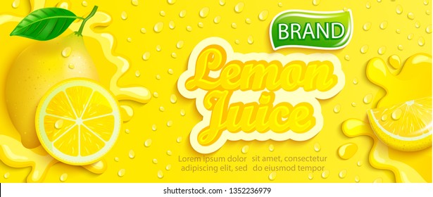 Fresh lemon juice splash banner with drops from condensation, fruit slice on gradient yellow background for brand 