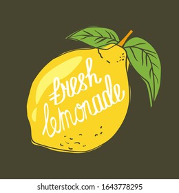 Fresh lemon, leaves, english text, background. Hand drawn backdrop, citrus fruits. Colorful wallpaper vector. Fresh lemonade. Decorative illustration, good for printing