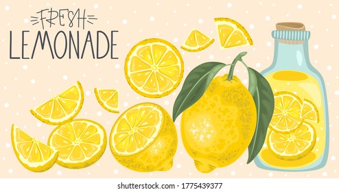 Fresh lemon, leaves and slices. Hand calligraphy. Label, banner advertising element. Vector illustration.
Printing on fabric, paper, postcards, invitations.