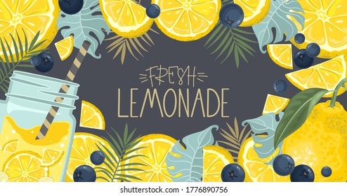 Fresh lemon, leaves and slices. Hand calligraphy. Label, banner advertising element. Vector illustration.
Printing on fabric, paper, postcards, invitations.