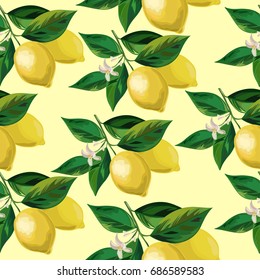 Fresh Lemon with leaves. Vector lemon Seamless Background.