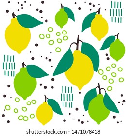 Fresh lemon lime fruit seamless pattern, abstract repeated background. Citrus design for paper, cover, fabric, gift wrap, wall art, interior décor. Simple artistic drawing. 