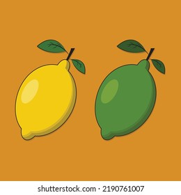 Limón fresco y lima con hojas verdes. Icono plano de cítricos. Lemonada. Ilustración vectorial