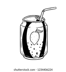 fresh lemon or lime juice in the can with straw using hand drawn style