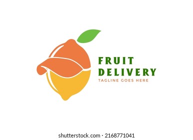 Fruta naranja de limón fresco con vectores de diseño con logotipo de servicio de sombrero de entrega