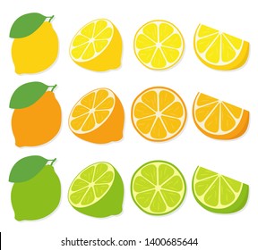 Fresh lemon, lime, orange fruits, flat vector illustration