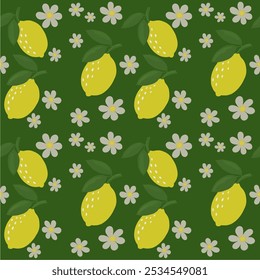 fresh lemon on green pattern,seamless background.