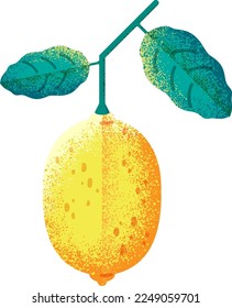 Frische Zitrone am grünen Stamm. strukturierte gelbe Frucht