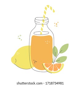 Fresh lemon and orange smoothie. Tall glass bottle with a straw, fruit and leaves. Refreshing summer drink in doodle style. Whimsical food illustration. 