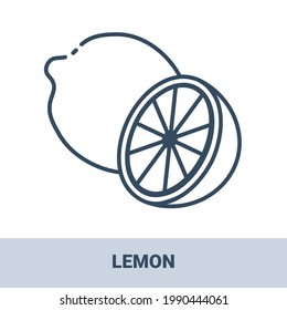 Fresh lemon outline monochrome icon with title. Vector monochrome illustrations isolated on white background. Healthy food concept.