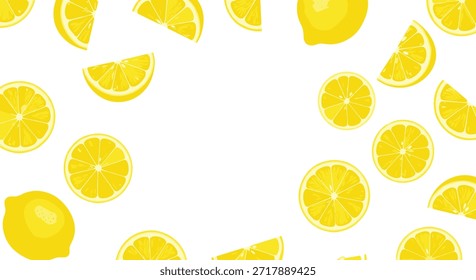 Fresh lemon pattern featuring whole yellow citrus fruits and slices with juicy textures scattered across a clean white background for summer.