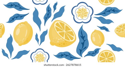 Fresh lemon seamless pattern with blue leaves and floral dish on a white background, perfect for summer design, packaging, fabric, or wallpaper.