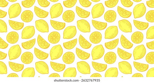 Fresh lemon seamless pattern. Hand-drawn yellow lemons and slices arranged on a white background in a playful vector style.