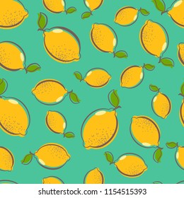 Fresh lemon seamless pattern on blue background. Tropical  illustration. Seamless pattern with citrus fruits collection. Tropical repeated background. 