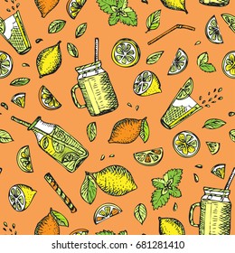 Fresh Lemon seamless pattern. Summer Fruits and Drinks. Icy Beverage hand drawing texture. Mint and Lime. Vector illustration.