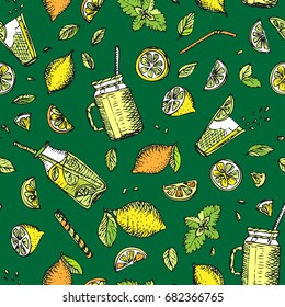 Fresh Lemon seamless pattern. Summer Fruits and Drinks. Icy Beverage hand drawing texture. Mint and Lime. Vector illustration.