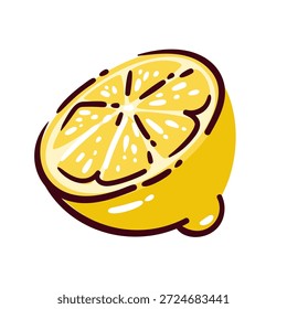 Rodaja de limón fresca con pulpa amarilla brillante y cáscara, cítricos jugosos cortados por la mitad. Estilo simple del doodle de la historieta, diseño plano moderno para los iconos de la comida y los Elementos gráficos. Ilustración vectorial.