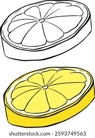 Fresh lemon slice graphic line ink illustration. Vector fruits icon set isolated on white background.
