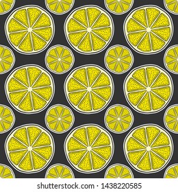 Fresh lemon slice, half of orange. Vector in doodle and sketch style. Isolated on dark background, seamless pattern, texture