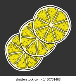 Fresh lemon slice, half of orange. Vector in doodle and sketch style. Isolated on dark background