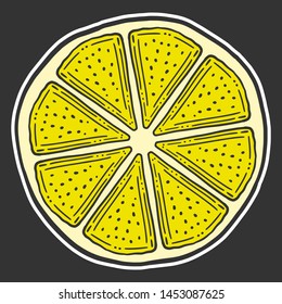 Fresh lemon slice, half of orange. Vector in doodle and sketch style. Isolated on dark background