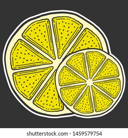 Fresh lemon slice, half of orange. Vector in doodle and sketch style. Isolated on dark background