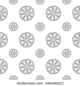 Fresh lemon slice, half of orange. Vector in doodle and sketch style. Isolated on white background, seamless pattern, texture