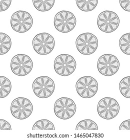 Fresh lemon slice, half of orange. Vector in doodle and sketch style. Isolated on white background, seamless pattern, texture
