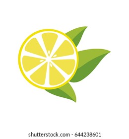 Fresh lemon slice with leafs isolated on white background.